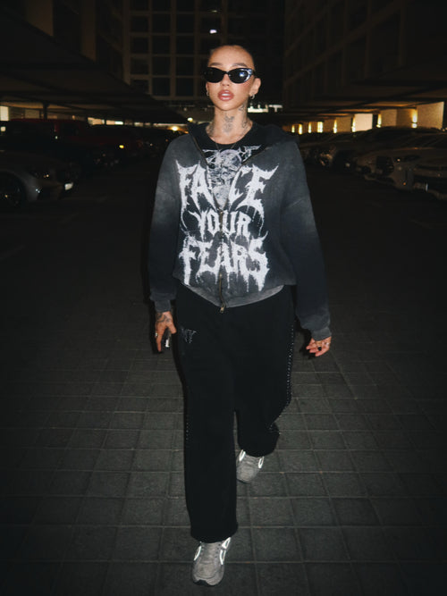 FACE YOUR FEARS ZIP HOODIE WASHED BLACK