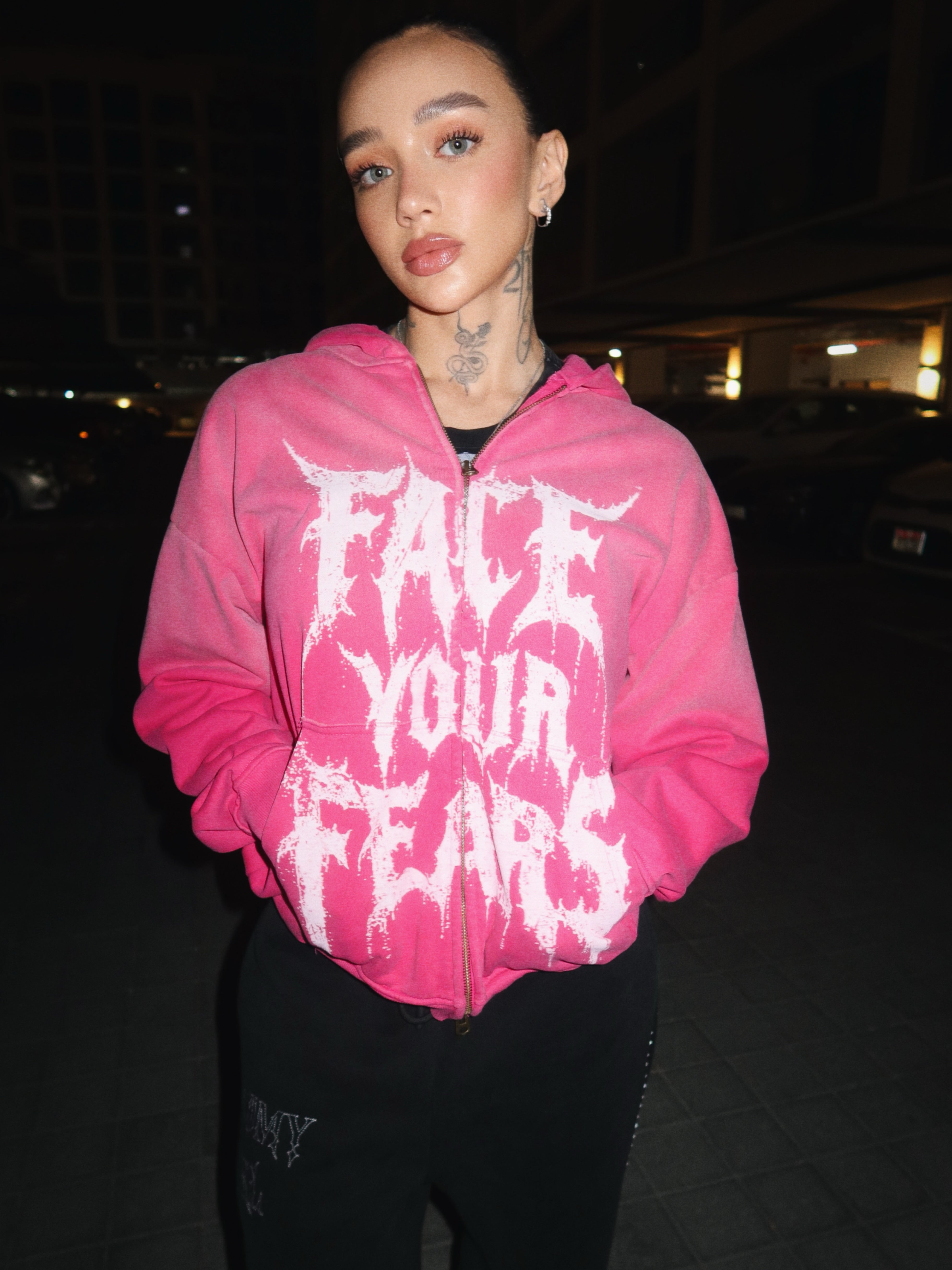 FACE YOUR FEARS ZIP HOODIE WASHED PINK