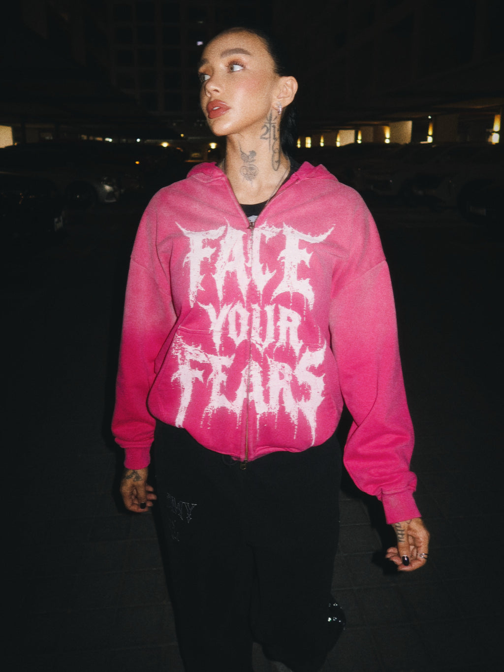FACE YOUR FEARS ZIP HOODIE WASHED PINK
