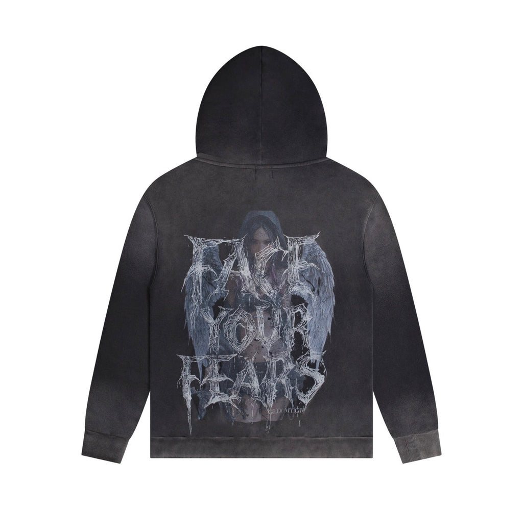FACE YOUR FEARS ZIP HOODIE WASHED BLACK